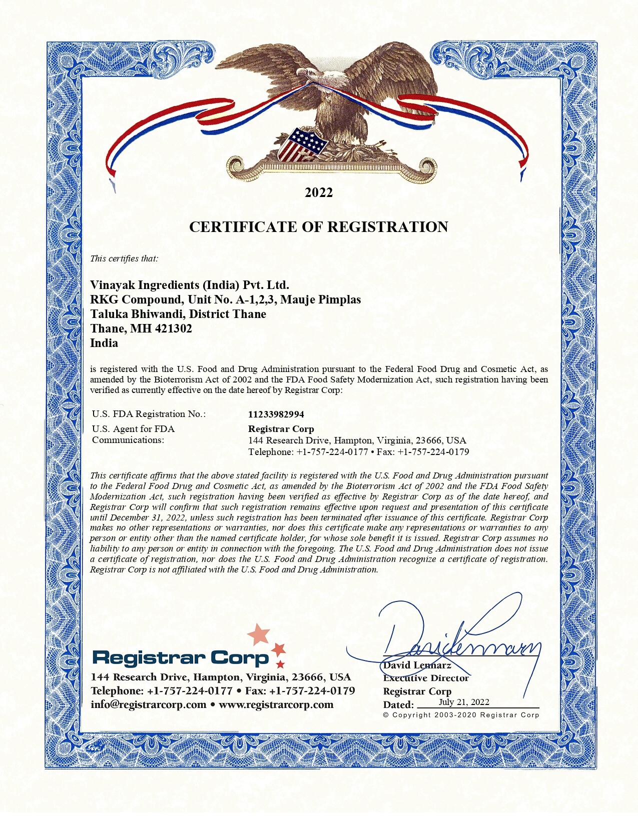 US FDA Certificate of Vinayak Corporate - Natural Food Color Manufacturer in India