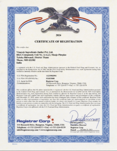 US FDA Certificate of Vinayak Corporate - Natural Food Color Manufacturer in India
