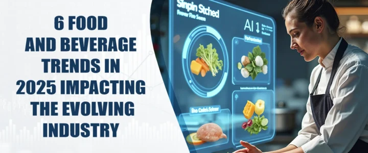 Illustration of top 2025 food and beverage trends including natural ingredients, plant-based proteins, nutraceuticals, and sustainable solutions.