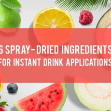 A selection of spray-dried powders like lemon, coconut, guava, and berries used for instant drink formulations.
