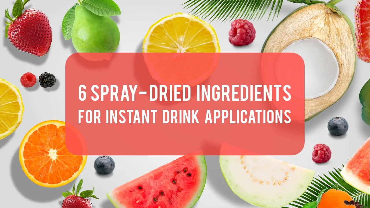 A selection of spray-dried powders like lemon, coconut, guava, and berries used for instant drink formulations.