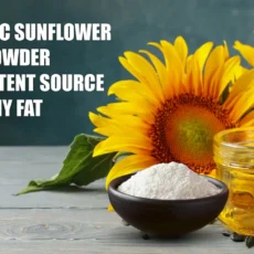 Powdered high oleic sunflower oil in a wooden bowl with healthy food products