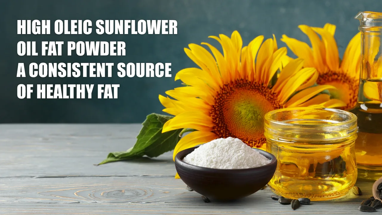 Powdered high oleic sunflower oil in a wooden bowl with healthy food products